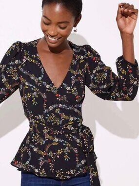 LOFT Black Floral Wrap Top with Tie Waist Size M